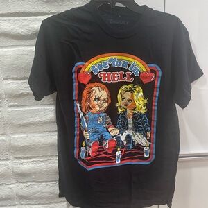 Chucky and Tiffany bride of Chucky retro graphic see you in hell tee shirt M